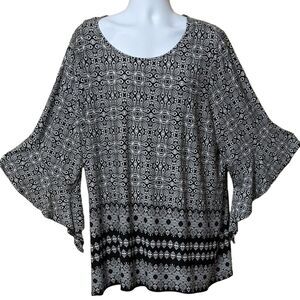 NWT CJ Banks tunic dress kimono sleeves Ikat geometric black white women's 3X